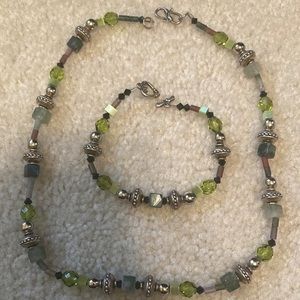 Silver & Green beaded necklace & bracelet